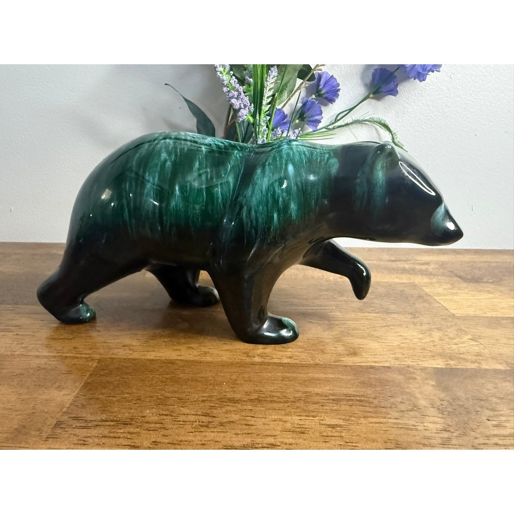 Blue Mountain Pottery Walking Bear Figurine Green Black Drip Glaze Vintage